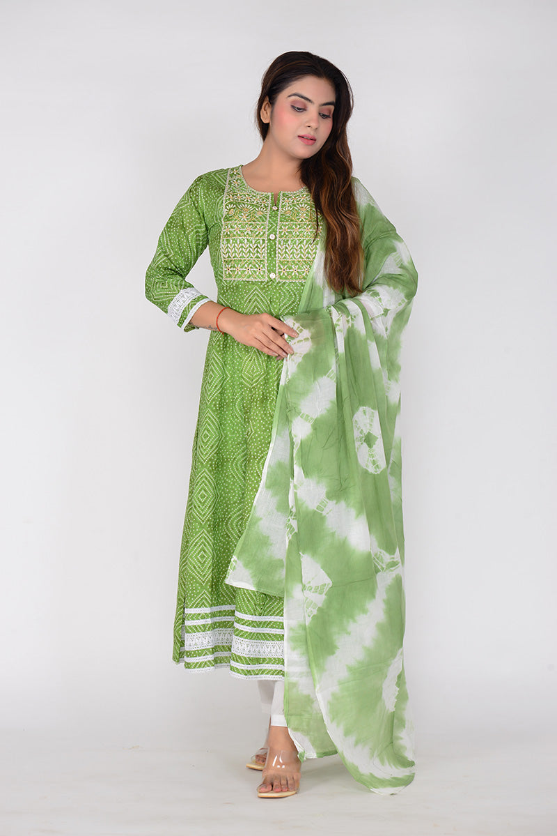 Buy Women Bandhani Printed Zari Embroidered Woven Cotton Ethnic Kurta Pant  Dupatta Set Online at Rs. 2799