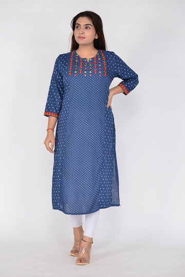 Women Polka Dot Embroidered Printed Straight Fit Woven Cotton Kurta