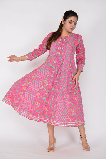 Women Printed Anarkali Woven Cotton Ethnic Kurta