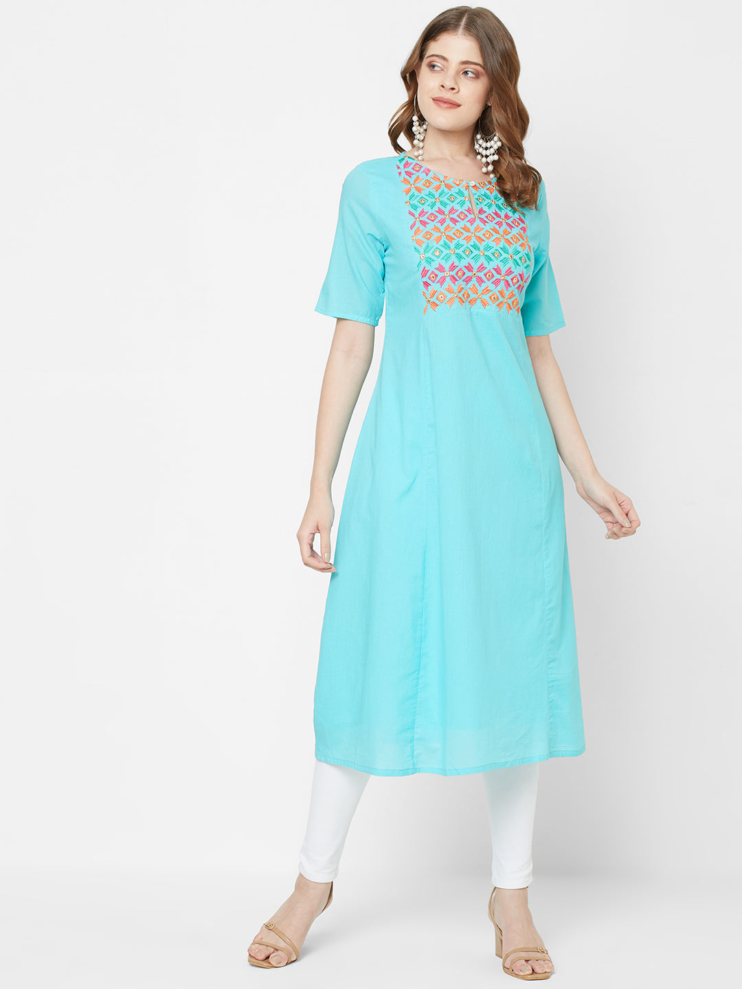 Women Woven Tery Voile Elbow Sleeves Turquoise Embroidered Gathered Kurta