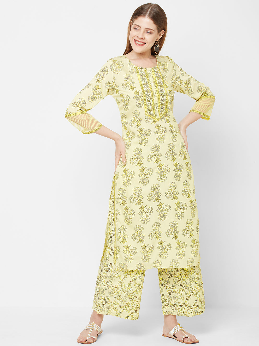 Women Printed Straight Pst Yellow Kurta