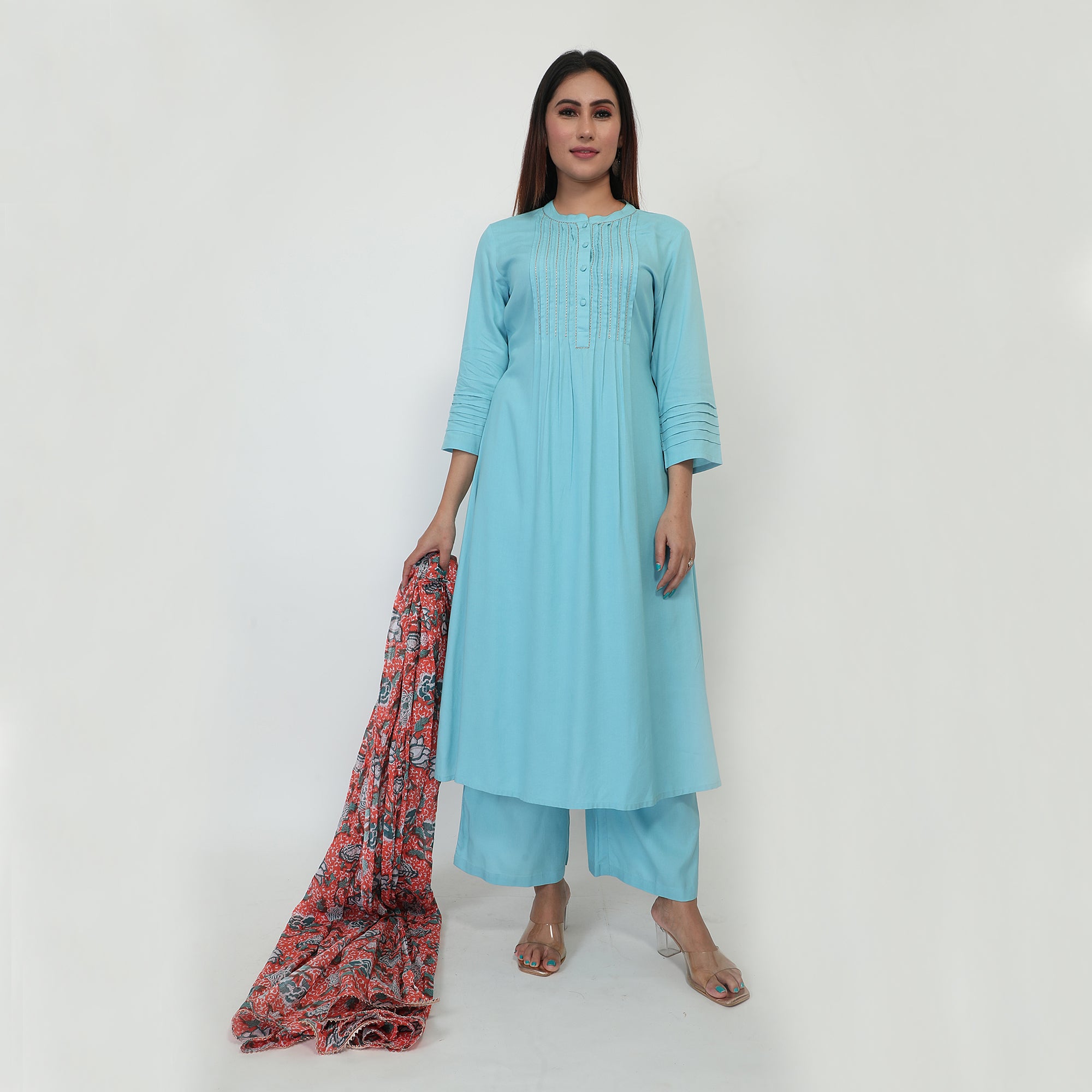 Women Woven Rayon Blue Kurta, Palazzo Dupatta Set