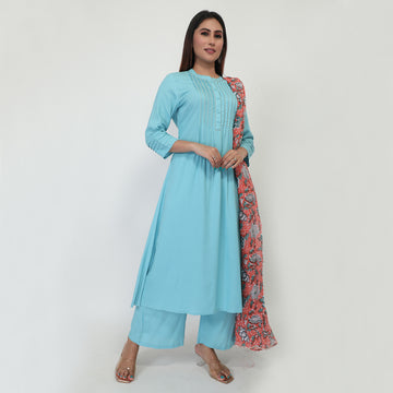 Women Woven Rayon Blue Kurta, Palazzo Dupatta Set